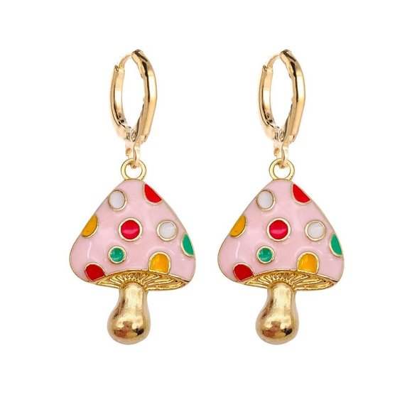 Private Label Jewelry - NEW Maisy Pink Polka Dot Mushroom Huggie Hoop Drop Dangle Earrings